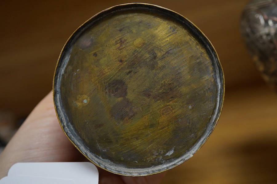 A pair of Cairoware silver and copper inlaid brass vases, 24cm high